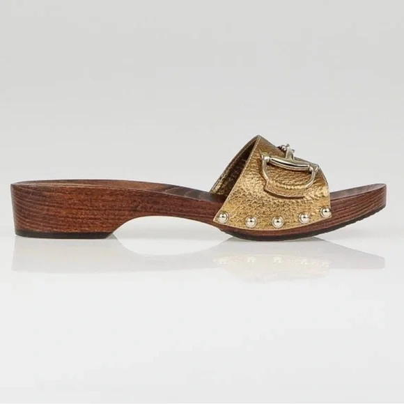 Gucci Shoes Gucci Gold Leather Hasler Horsebit Clog Sandals